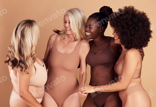 Preview: Diversity, beauty and group of women in lingerie in studio isolated on a brown background. Underwea
