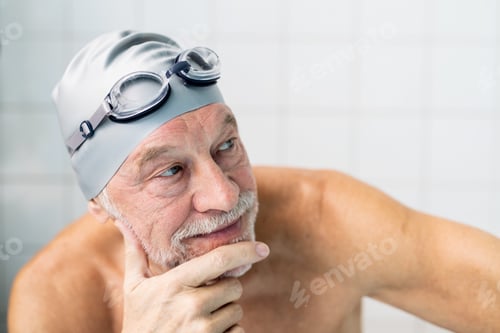 Preview: Portrait of a senior man in an indoor swimming pool.