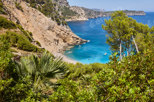 Preview: Turquoise waters in Mallorca. Coll Baix beach. Mediterranean coastline. Balearic