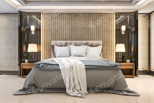 Preview: 3d rendering beautiful luxury bedroom suite in hotel with tv