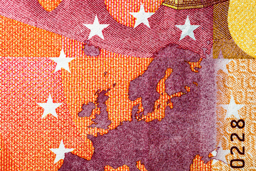 Preview: Closeup of EURO banknote details - world money, inflation and economy concept