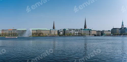 Preview: Beautiful panoramic view Alster lake with fountain