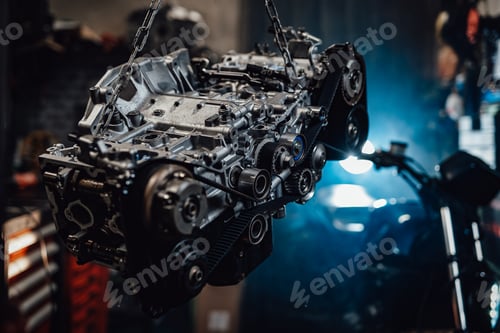 Preview: Suspended boxer engine in a dark garage or workshop
