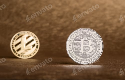 Preview: Cryptocurrency Lite coin,Silver Bitcoin on golden rough background