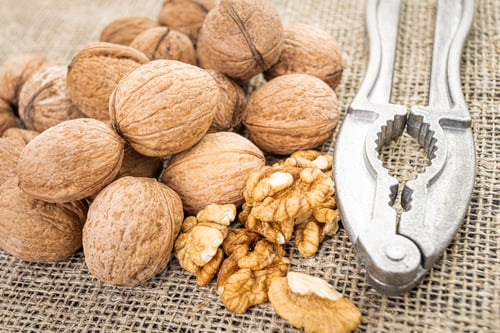 Preview: Walnut kernel background. Nutcracker with walnut