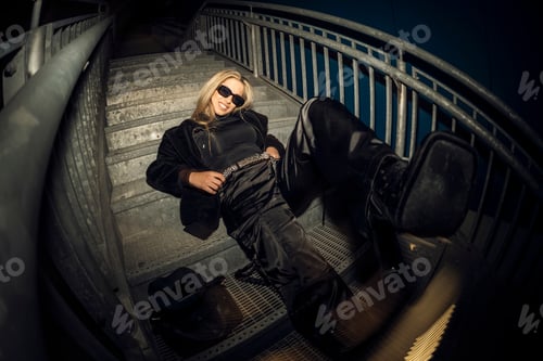 Preview: Caucasian attractive woman in black grunge attire posing on the staircase