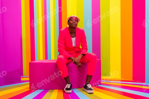 Preview: Beautiful young woman dancing and having fun inside a rainbow box room