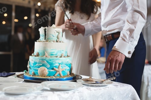 Preview: The bride and groom cut a chic wedding cake in a nautical style at a banquet.