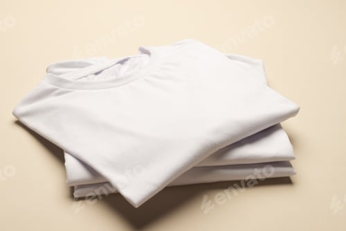 Preview: Close up of folded white t shirts and copy space on yellow background