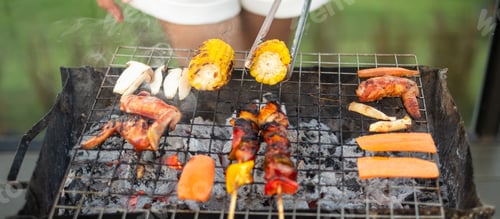 Preview: delicious grilled meat with smoke, BBQ with vegetables in outdoor. Barbecue, Party and picnic