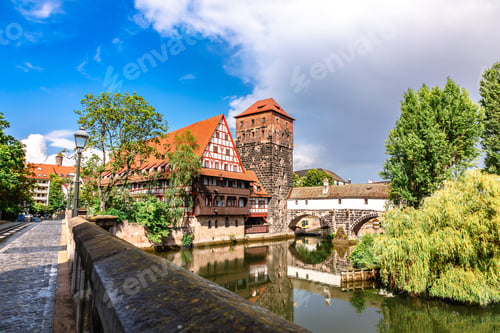 Preview: Colourful historic old town with half-timbered houses of Nuremberg. Bridges over Pegnitz river