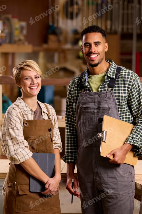 Preview: Portrait Of Male And Female Apprentices Working As Carpenters In Furniture Workshop