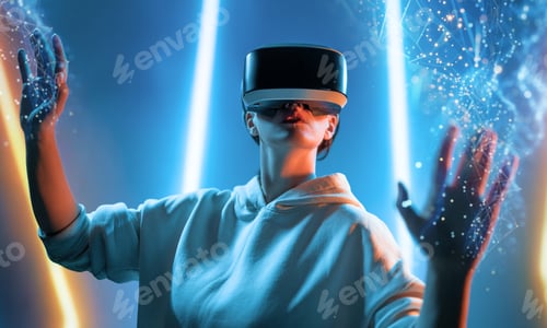 Preview: Woman with VR virtual reality goggles