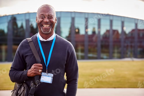 Visualização: Retrato de professor universitário ou universitário masculino ao ar livre com edifício de campus moderno no fundo