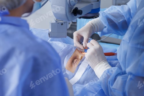 Preview: Blepharoplasty under operating microscope with gloved surgeons and sterile drapes
