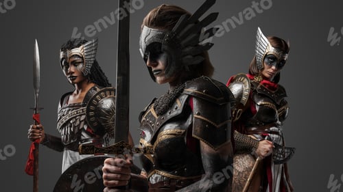 Preview: Three amazons dressed in steel armors against grey background