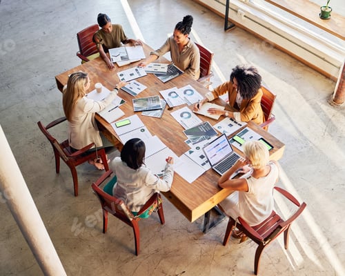 Preview: Business meeting, planning and people above with digital marketing strategy, data analytics and gra
