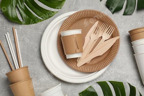 Preview: Flat lay composition with disposable tableware and monstera leaves on light grey background