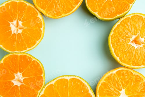Preview: top view fresh tangerine slices lined on light-blue background color orange photo juice fruit