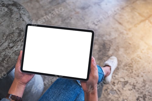 Preview: Top view mockup image of a woman holding digital tablet with blank white desktop screen