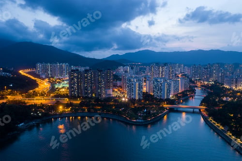 Preview: Sha Tin, Hong Kong 17 March 2019: Top view of Hong Kong residential district at sunset time