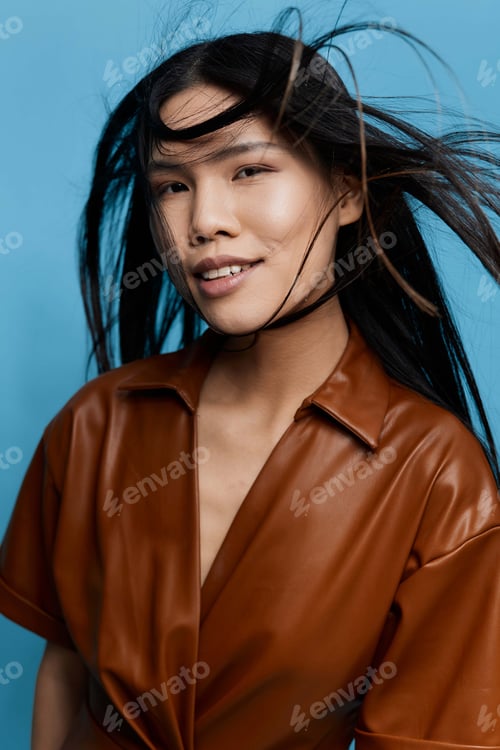 Preview: Blue woman girl smile happy studio trendy background asian