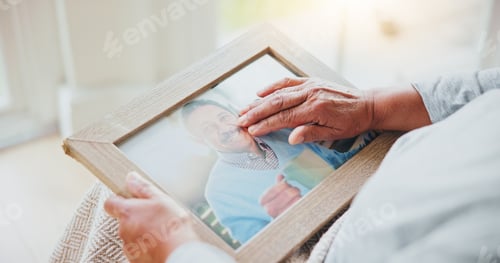 Preview: Senior woman, grief and picture of husband on lap, hands and sad of love loss in retirement. Elderl