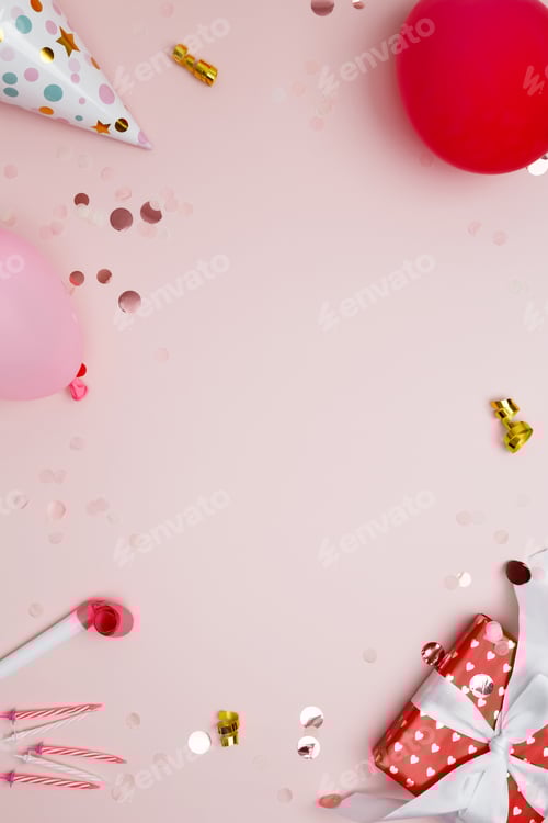 Visualização: Atributos de aniversário: balões coloridos, chapéus de festa, velas, confetes. Conceito de aniversário festivo