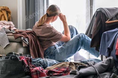 Preview: Spring cleaning,second hand,Fast fashion, the girl puts things in order in the closet. A bunch of co