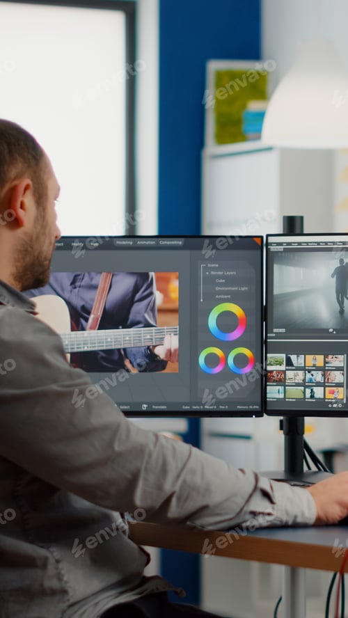 Preview: Videographer edits video project and cuts footage and sound