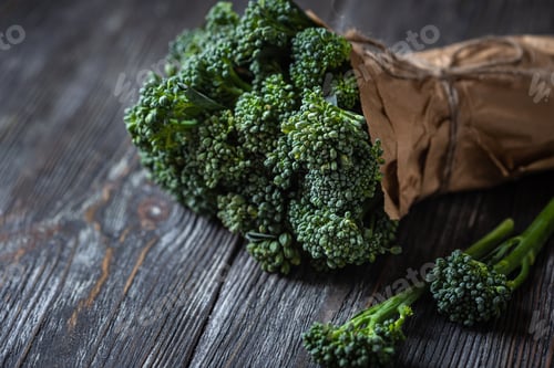 Preview: Bunch of Broccolini on Wooden Table.