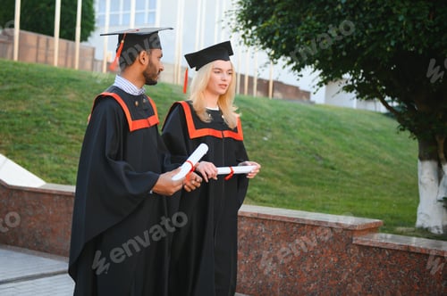 Preview: Indian male graduate and European female student happy with diplomas in hands.
