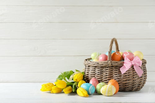 Preview: Wicker basket with painted Easter eggs and spring flowers on table, space for text