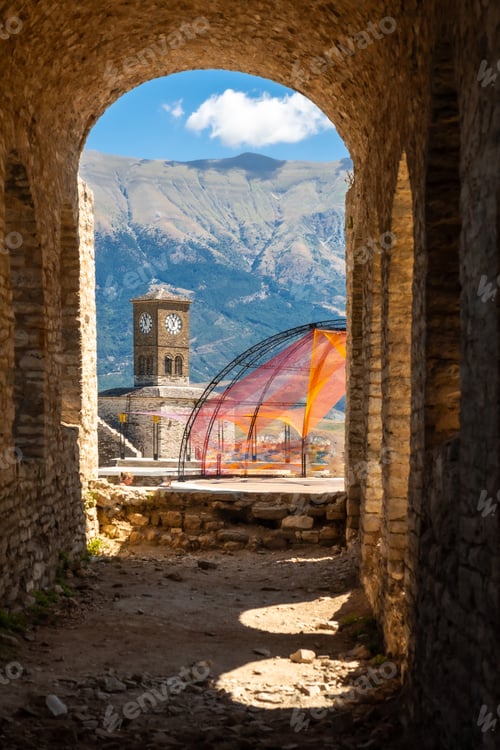 Preview: Arches of the fortress of the Ottoman castle of Gjirokaster or Gjirokastra and in the background