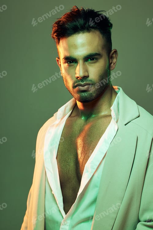 Preview: Wellness, skincare and man in studio for beauty, grooming and neon, green and mockup on green backg
