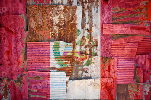 Preview: Shot of the flag of Peru painted on rusty overlapping corrugated iron sheets