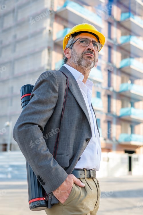 Preview: Architect wearing hard hat observing new building construction