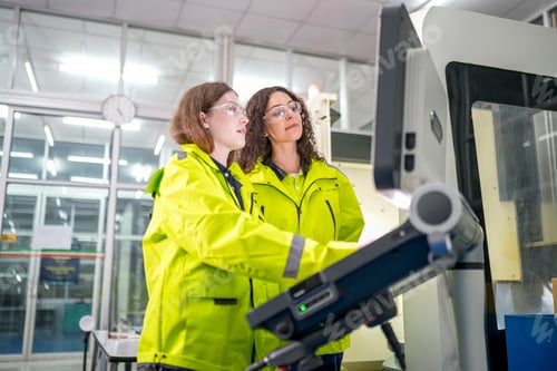 Preview: Engineers examine production process in bright safety gear at manufacturing facility