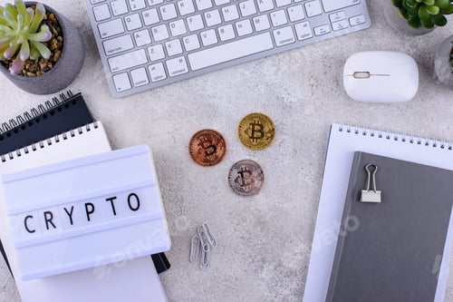 Preview: Bitcoin coins on office desk. Cryptocurrency concept