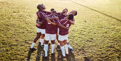 Preview: Sports, field and team in a huddle with motivation, strategy and coordination after training. Fitne