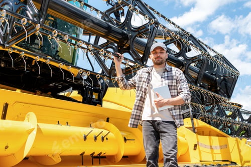 Preview: Man farmer with tablet stands next to yellow combine harvester at an agricultural equipment dealer.
