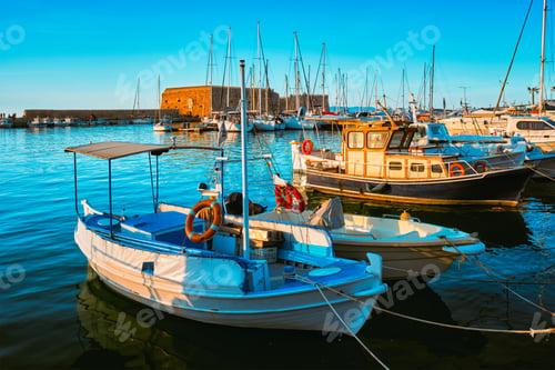 Preview: Venetian Fort in Heraklion and moored fishing boats, Crete Island, Greece