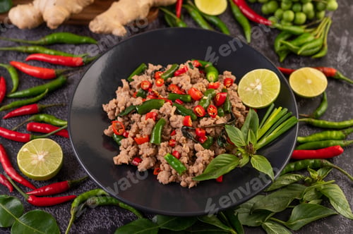 Preview: Stir-fried pork basil on banana leaves in a black dish.