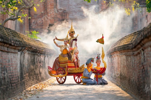Preview: Asian man and woman with Thai old traditional dress stay together on traditional chariot
