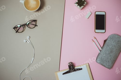 Preview: Minimal home desk workspace with clipboard, pen, coffee mug on pastel pink