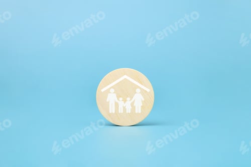 Preview: Wooden house with virtual family, Father mother and children with health care and life insurance