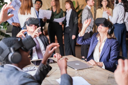 Preview: Group of business people using virtual reality at company summit meetings