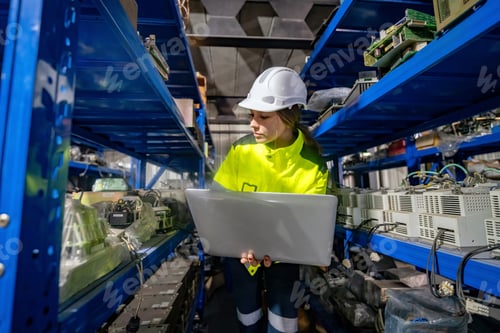 Preview: Worker in Safety Gear Using Laptop in Technology Warehouse Environment