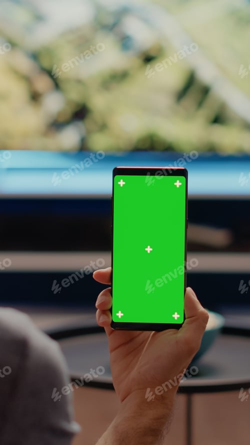 Preview: Person with modern smartphone looking at green screen