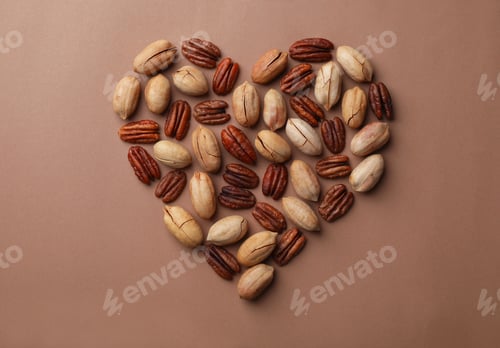 Preview: Heart shape made of pecan nuts on color background, flat lay